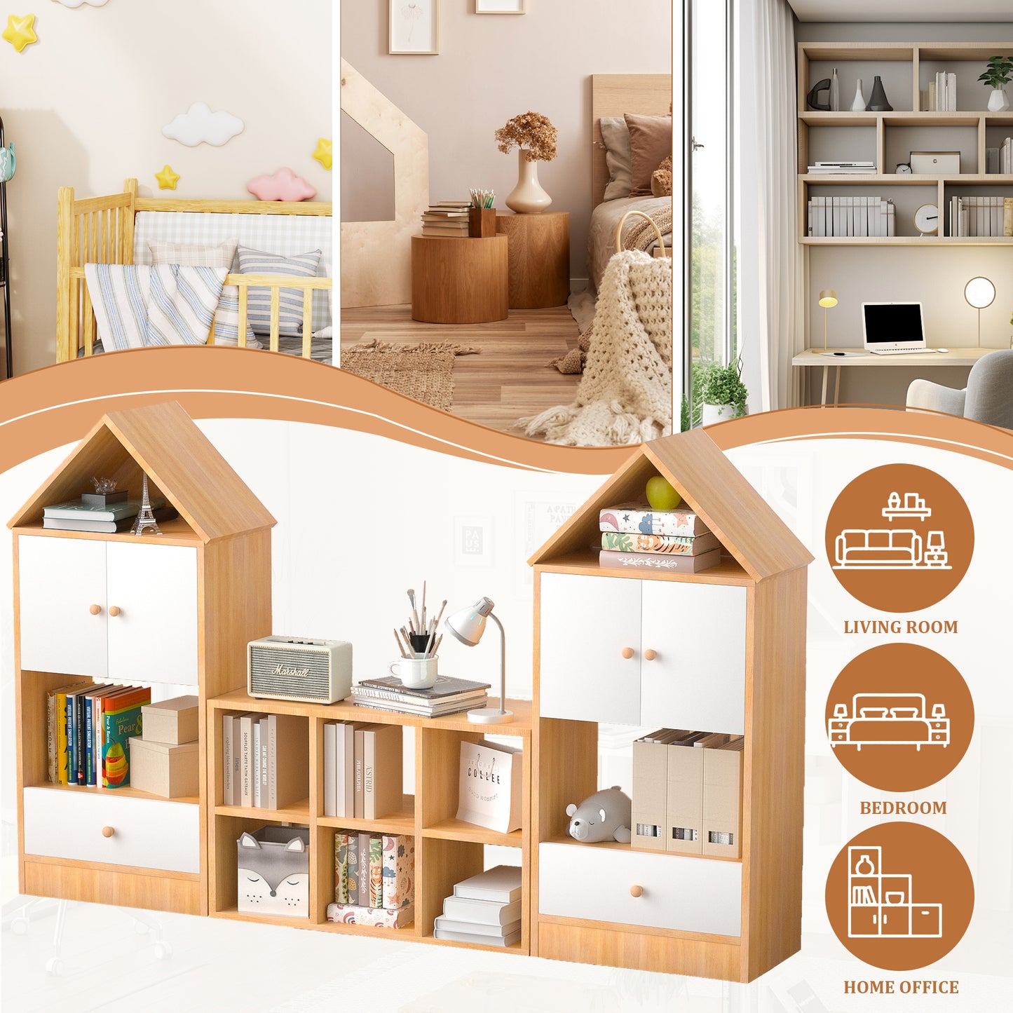 Estantería infantil versátil con diseño en forma de casa, almacenamiento multifuncional para libros y juguetes, ubicación ajustable, organizador infantil duradero para sala de juegos o dormitorio, fácil de montar y seguro para niños.
