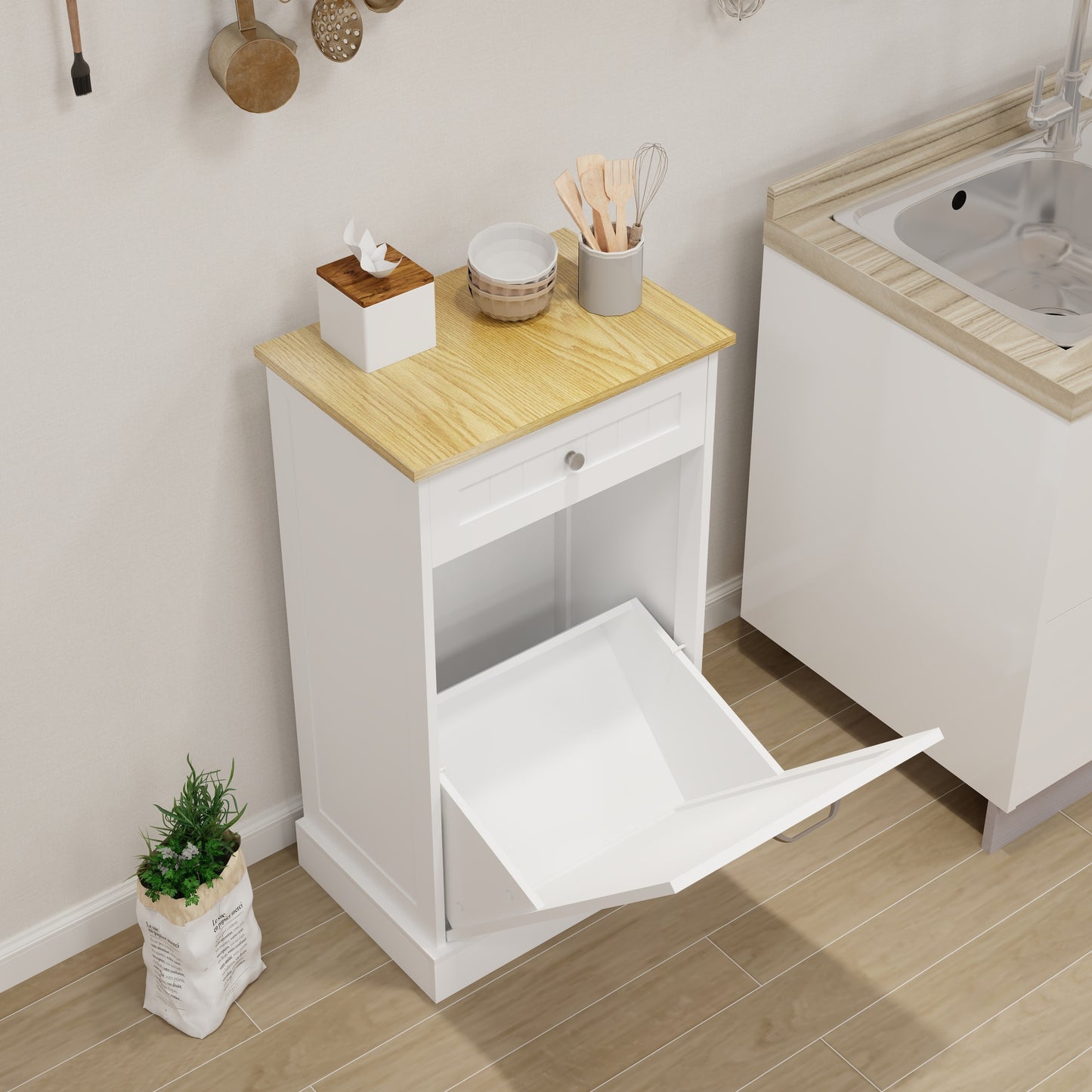 Gabinete de basura abatible con un cajón y un compartimento para cocina, color blanco