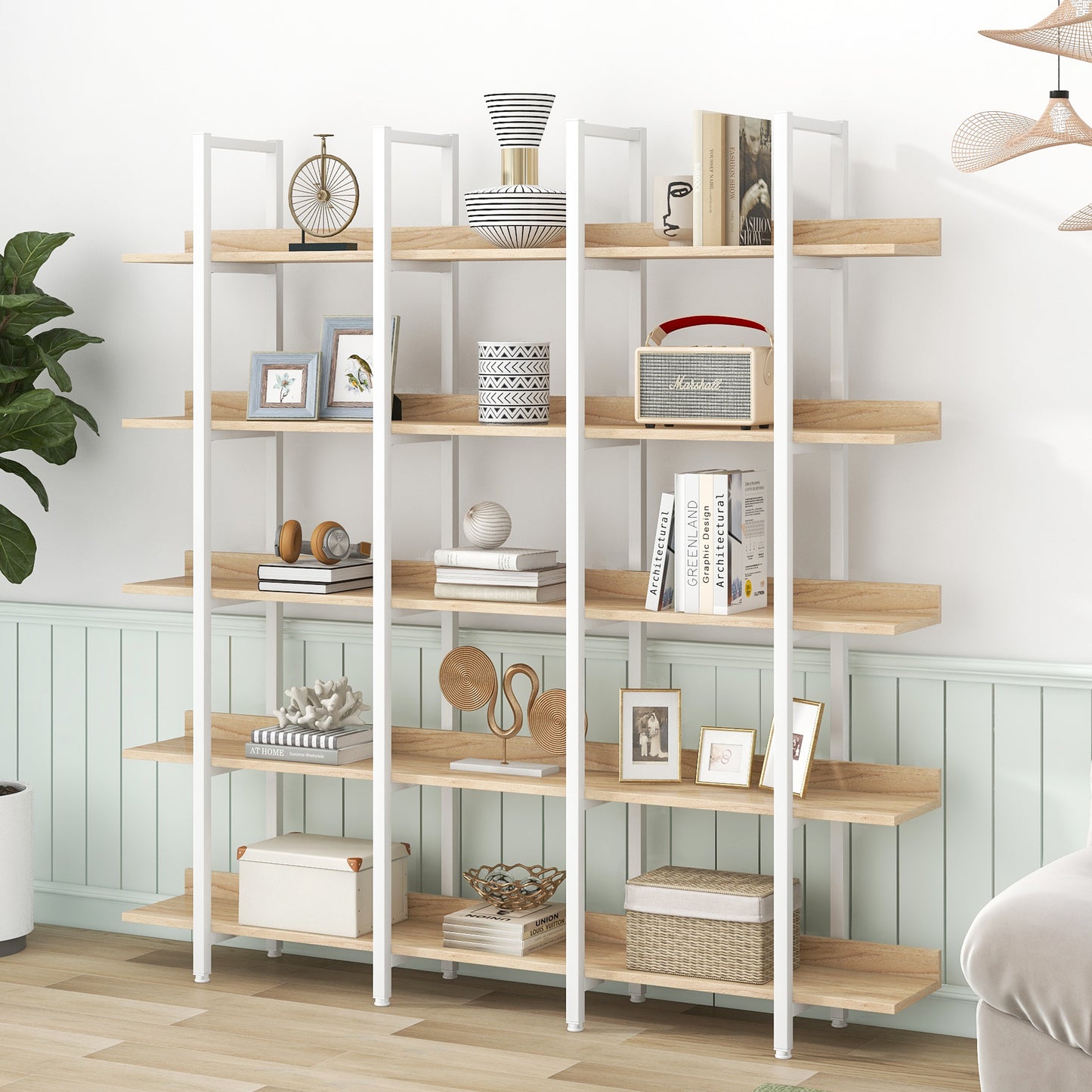 Librería de 5 niveles para oficina en casa, estilo industrial vintage, tablero de MDF, estructura de metal blanco, roble