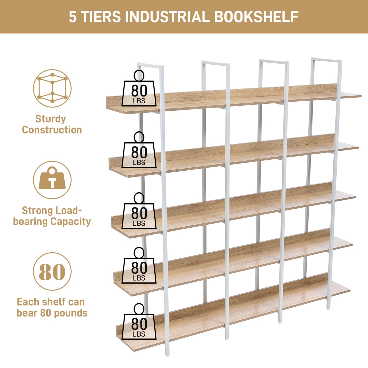 Librería de 5 niveles para oficina en casa, estilo industrial vintage, tablero de MDF, estructura de metal blanco, roble