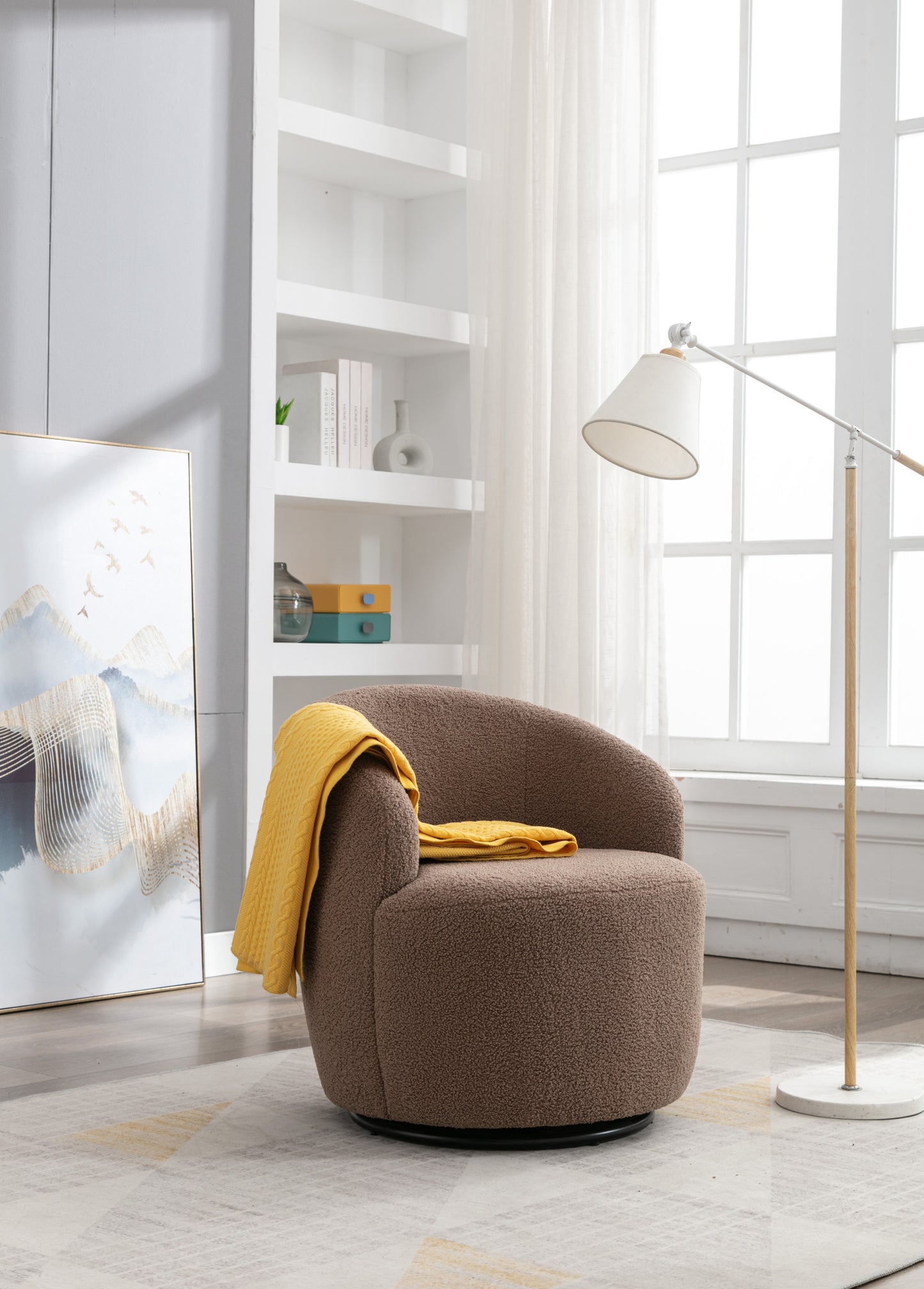 Teddy Fabric Swivel Accent Armchair Barrel Chair With Black Powder Coating Metal Ring,Coffee Brown