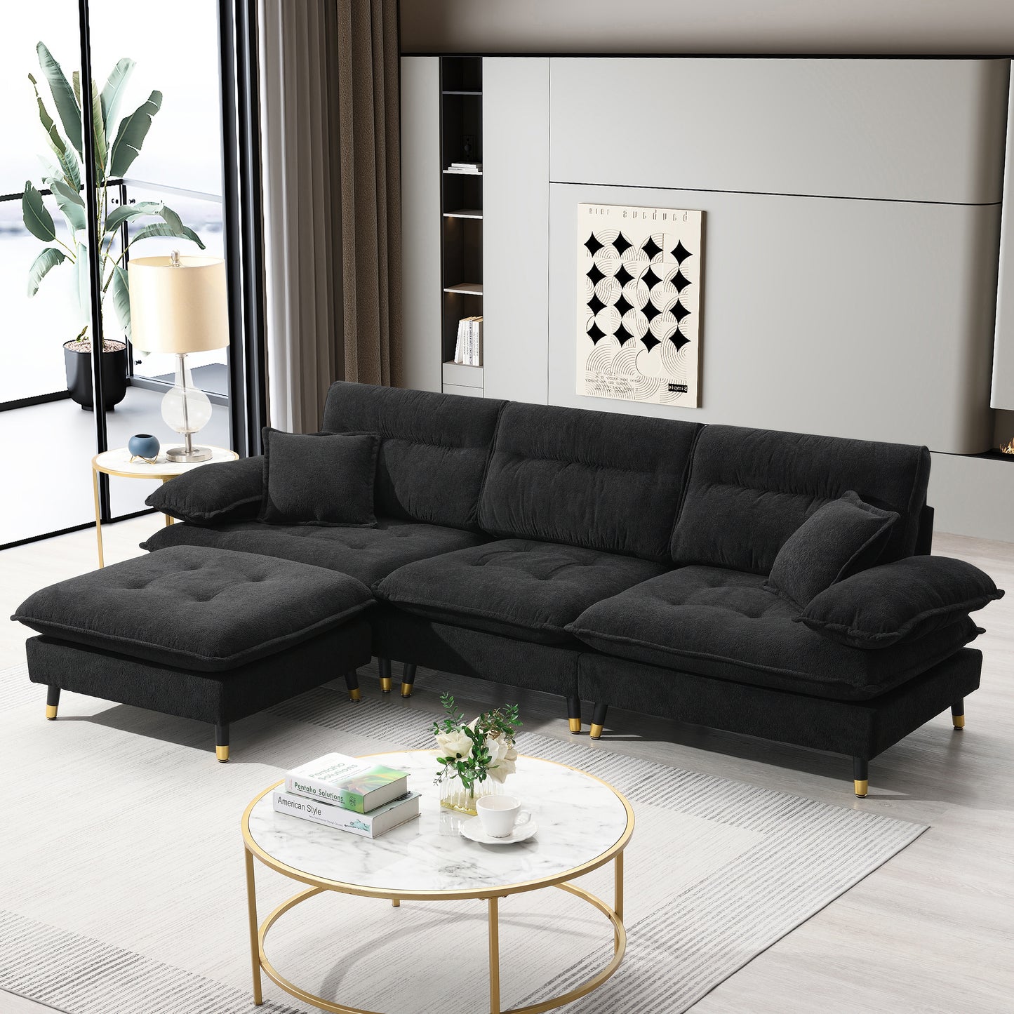 106*66.5" L shaped Convertible Sectional Sofa,4 Seat Tufted Couch Set with Two-tone Adjust Legs,Cloud Chenille Fabric,Movable Ottoman for Living Room, Apartment,Office,3 Colors