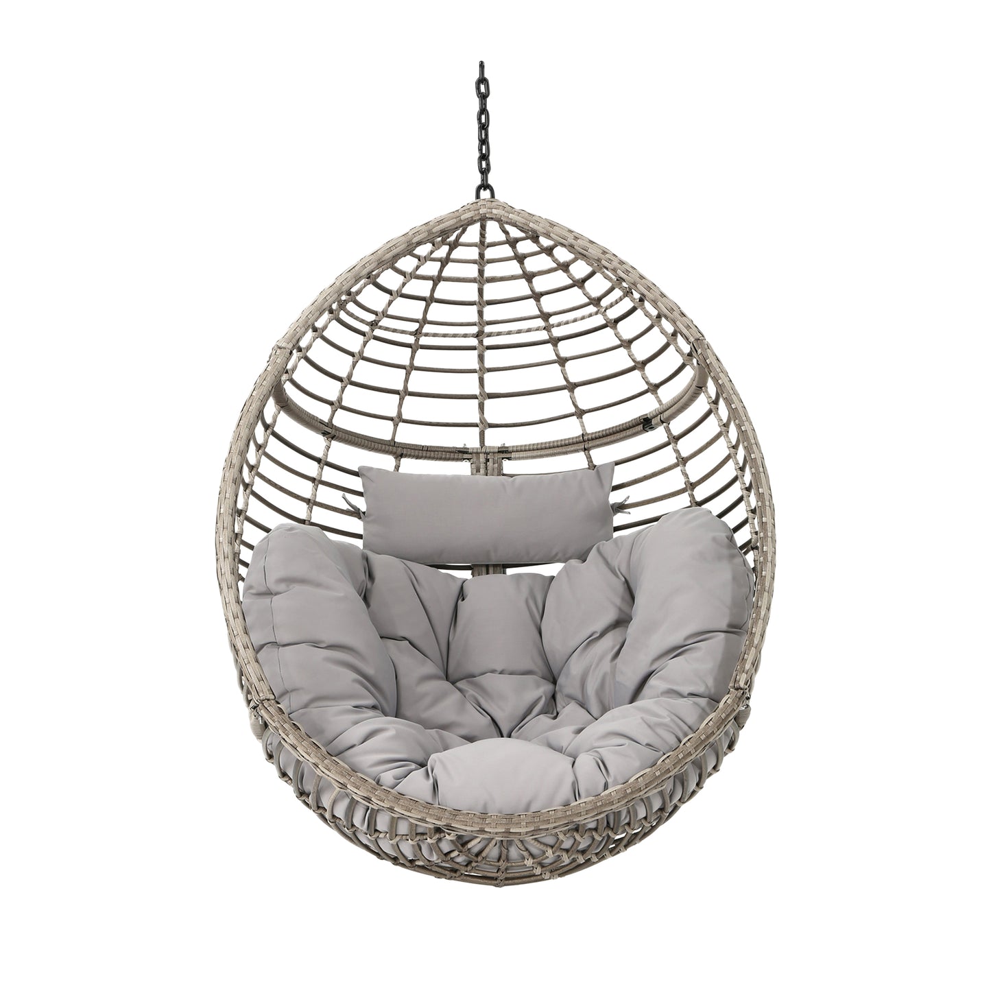 Charming Grey Hanging Basket Chair with Cozy Wicker Weave and Sturdy Metal Frame