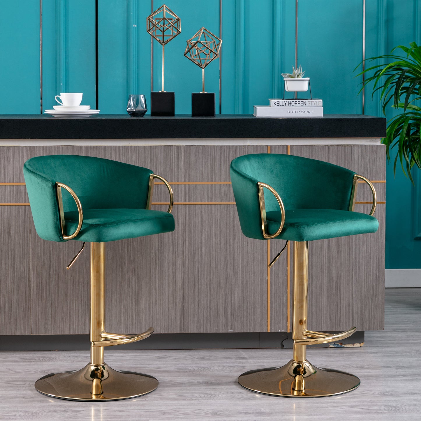 Set of 2 Bar Stools,with Chrome Footrest and Base Swivel Height Adjustable Mechanical Lifting Velvet + Golden Leg Simple Bar Stool-Green
