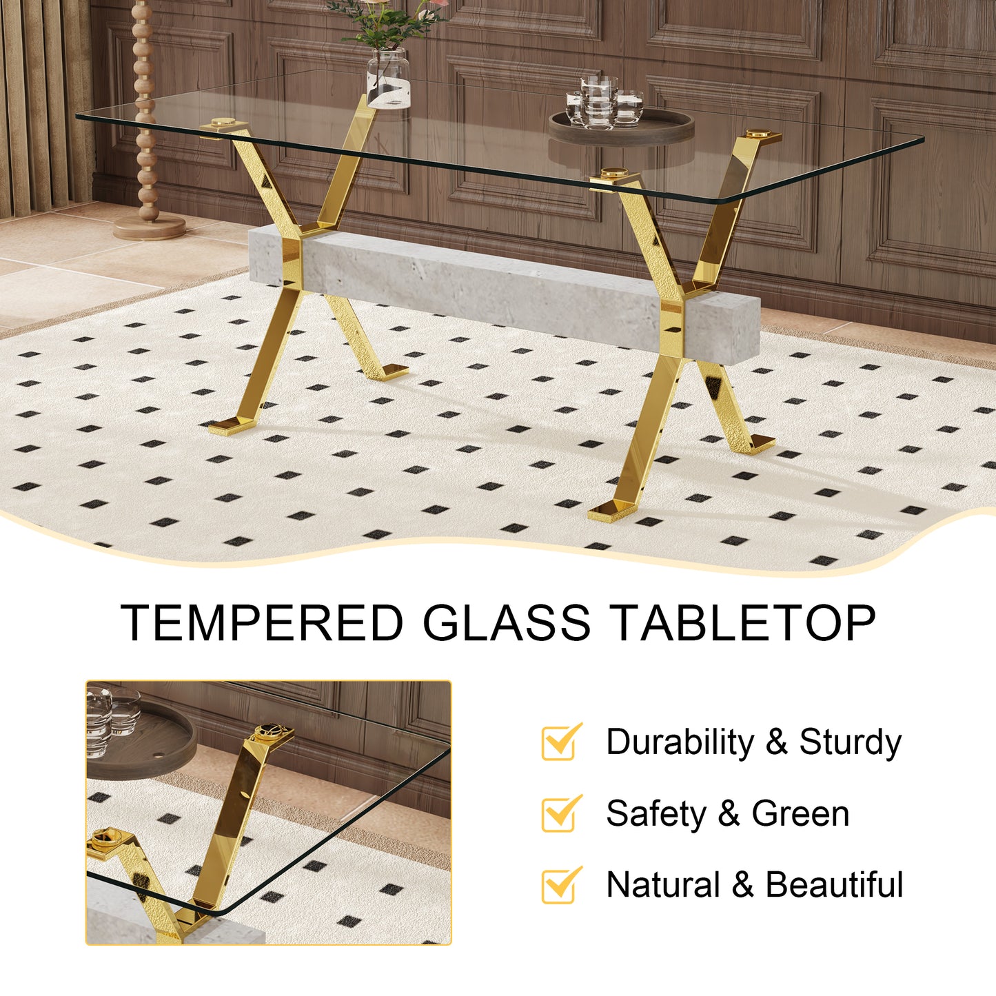 Table and chair set.Elegant Transparent Tempered Glass Dining Set - 71"x35.4" with 6 Black PU Chairs with golden C-tube metal leg.