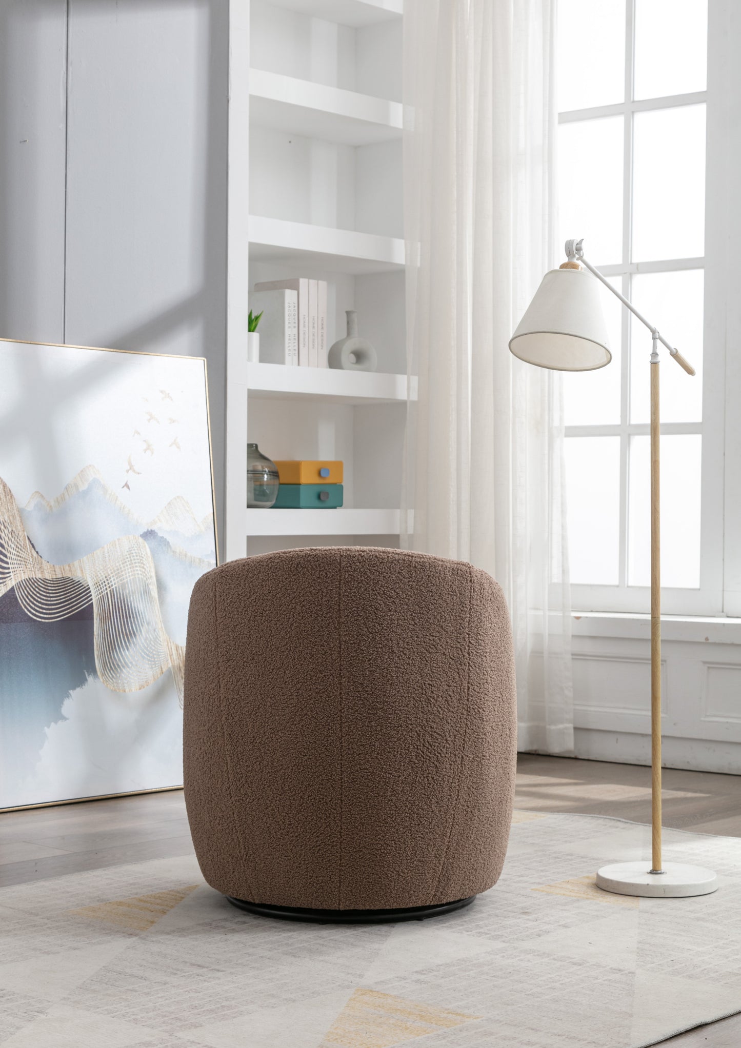 Teddy Fabric Swivel Accent Armchair Barrel Chair With Black Powder Coating Metal Ring,Coffee Brown