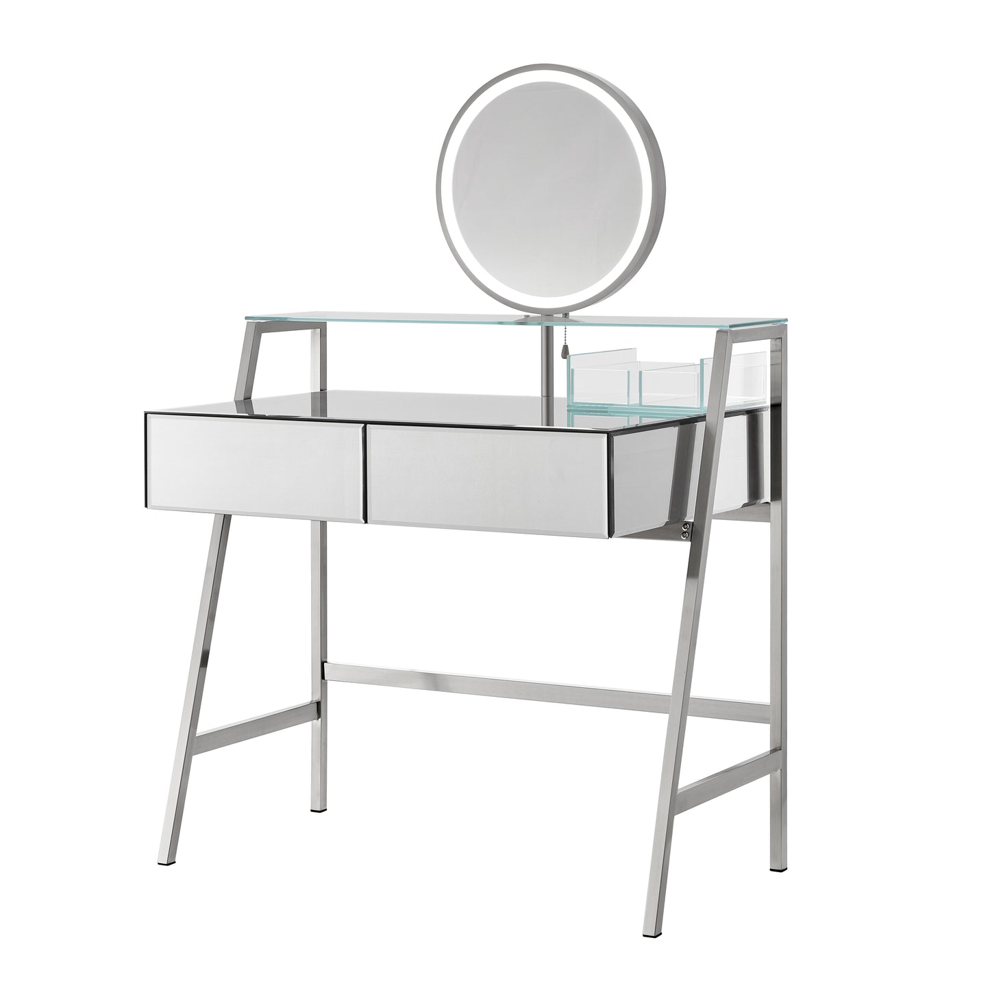 Tocador con espejo de 85 cm, espejo e iluminación, consola con espejo, 2 cajones grandes y estante abierto, tocador con estación de carga para dormitorio, color plateado