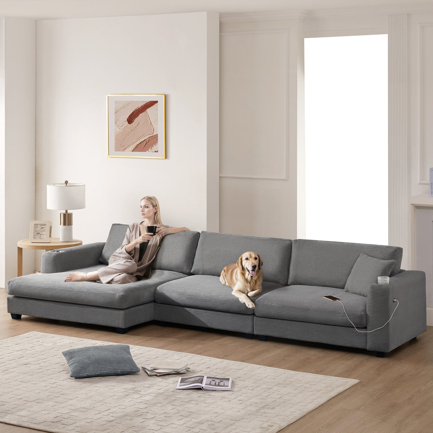 Sofá seccional extragrande de pana de 134 x 54 pulgadas, sofá nube en forma de L con puerto de carga USB, portavasos, sofá cama profundo con chaise longue de 50 pulgadas, cómodo mueble de interior para sala de estar, 3 colores