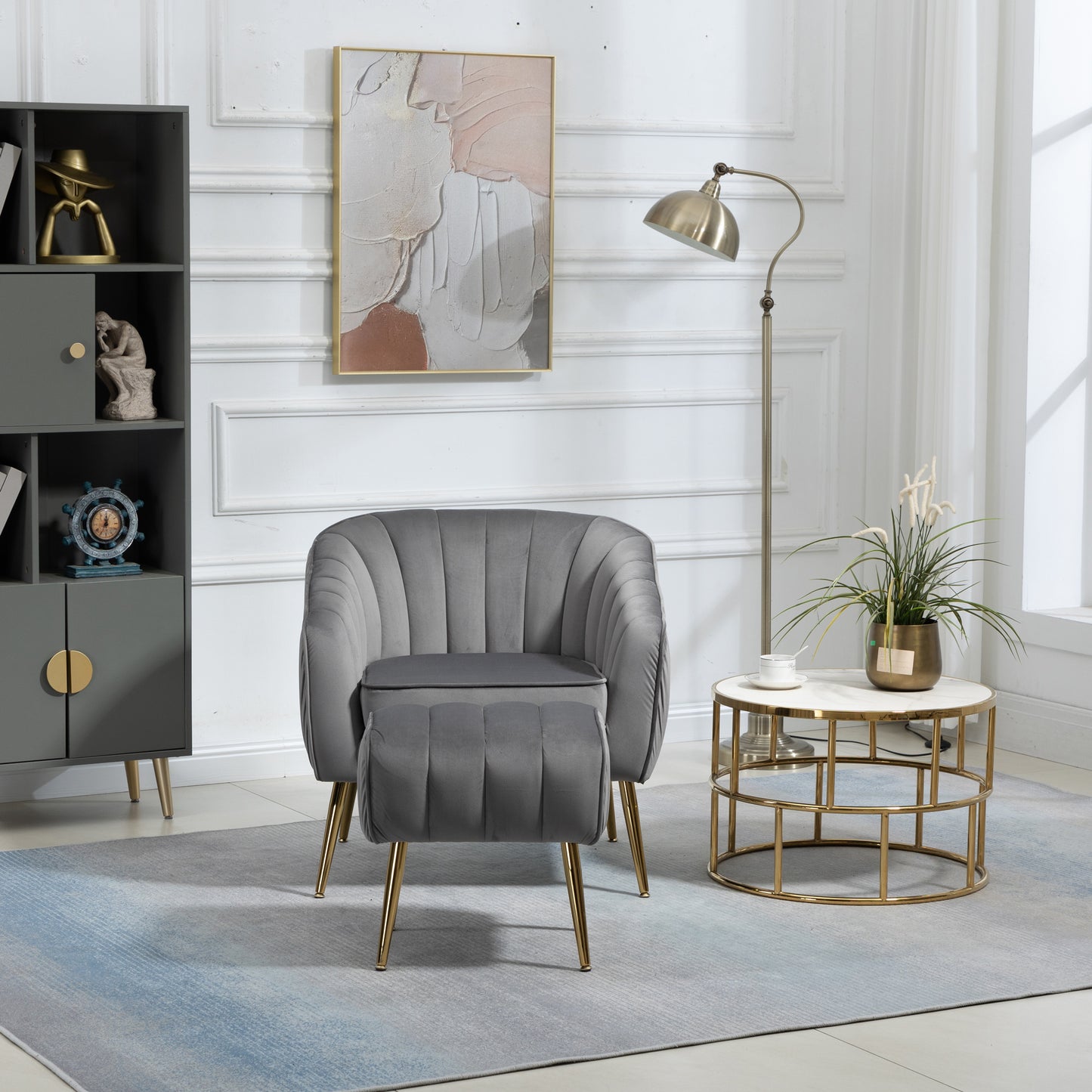 Sillón de terciopelo con otomana, moderno conjunto de otomana con capitoné para sala de estar y dormitorio, acabado dorado, gris