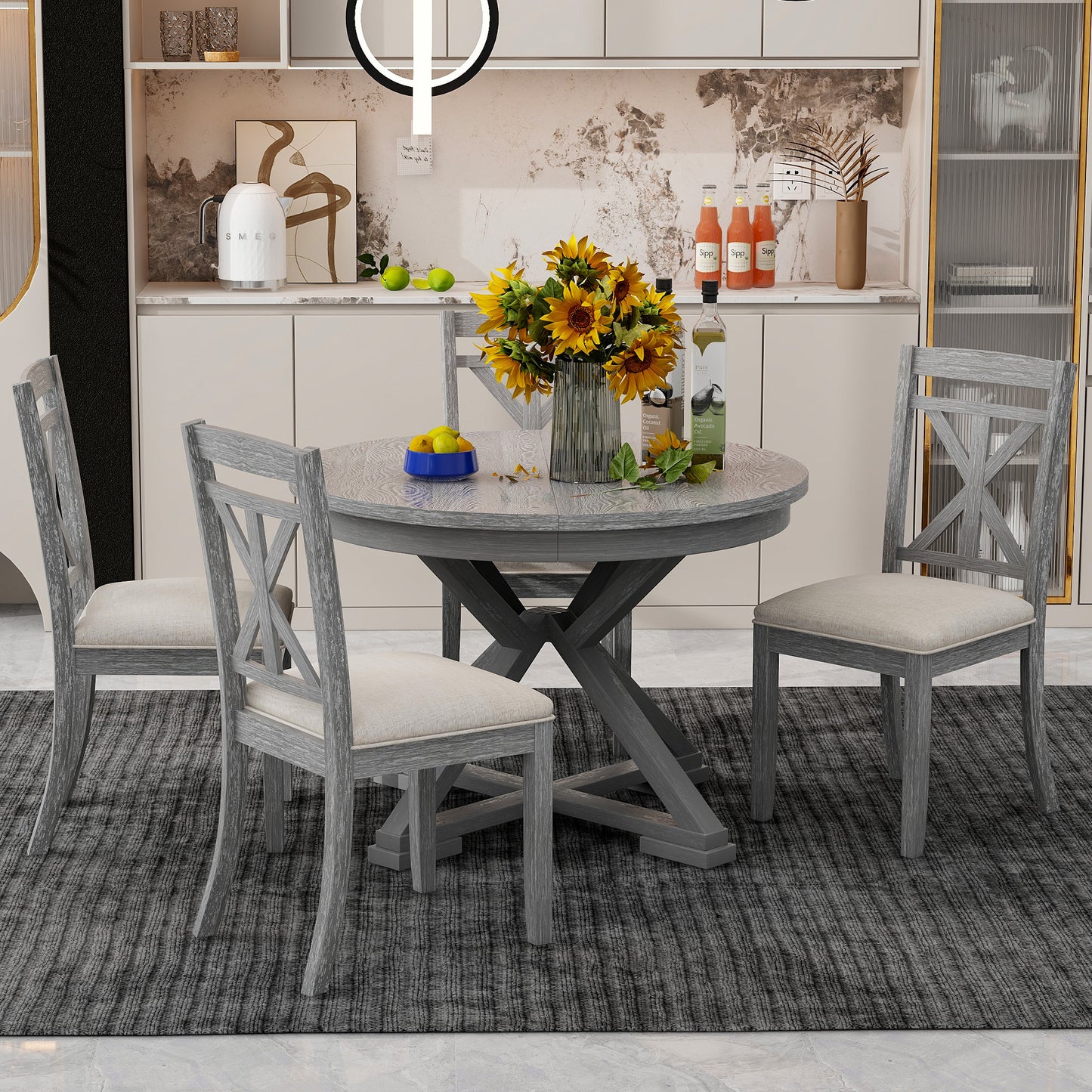 TREXM 5-Piece Retro Functional Dining Table Set Extendable Round Table and 4 Upholstered Chairs for Dining Room and Living Room (Grey)