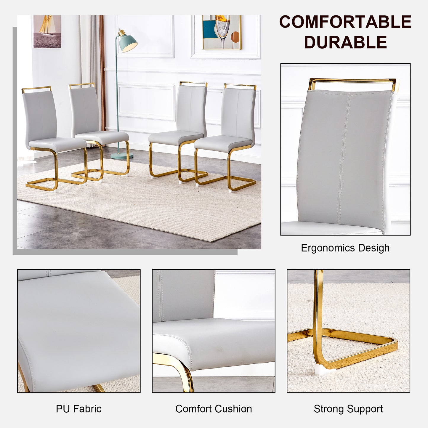 Table and chair set.Large modern rectangular table with 0.4 inch patterned glass tabletop and large MDF table legs.Comes with 6 chairs with faux leather cushioned seats and golden metal legs.
