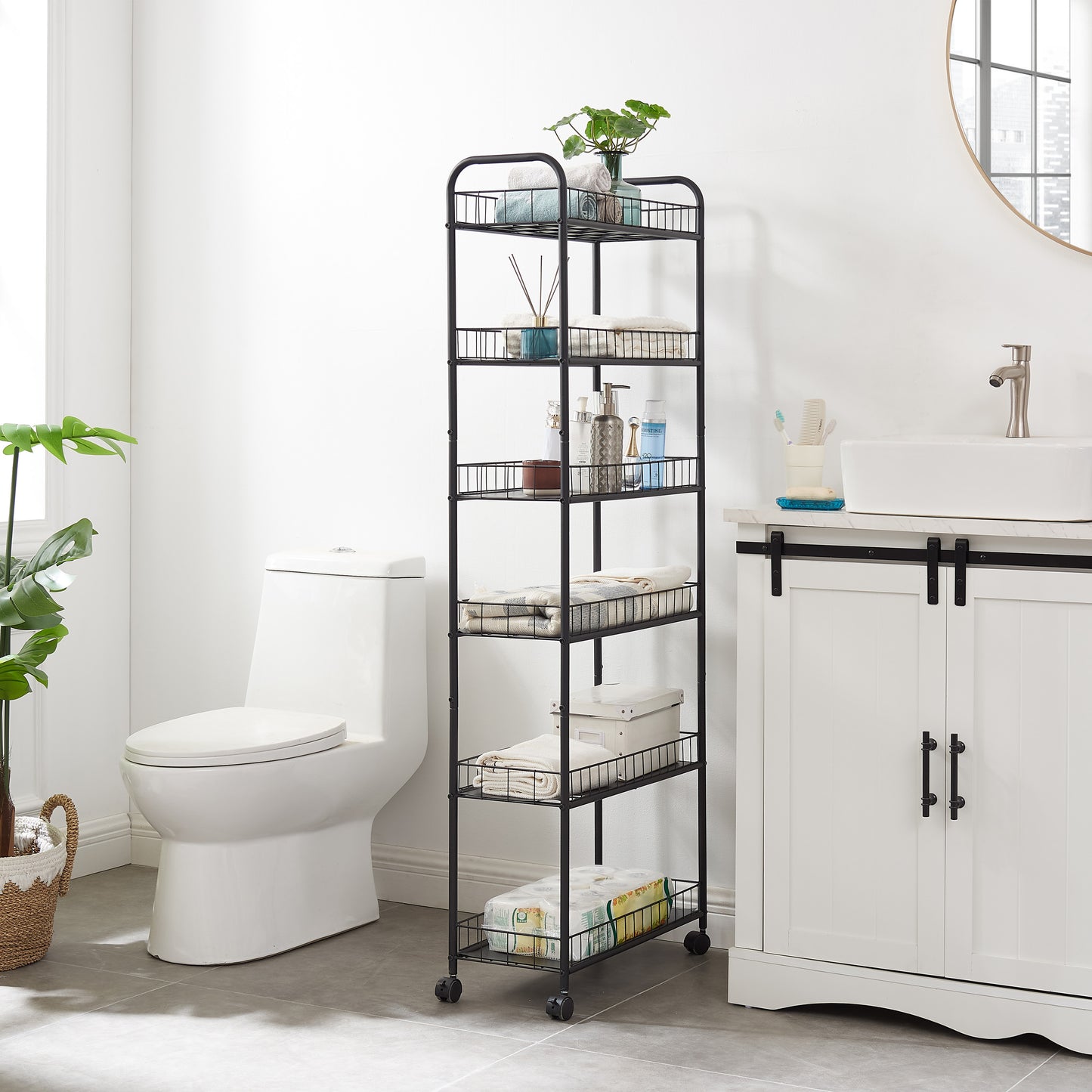 6 Tier Slim Rolling Storage Cart, Mobile Shelving Unit with Wheels, Metal Wire Storage Shelving Rack with Baskets for Kitchen Bathroom Office Laundry Narrow Piaces