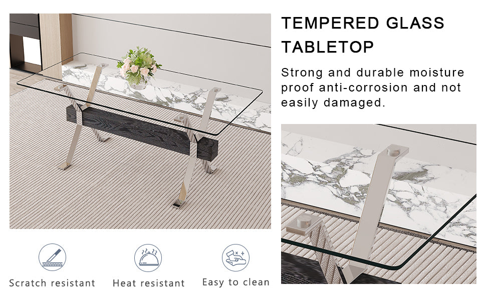 Table and chair set.Elegant Transparent Tempered Glass Dining Set - 71"x35.4" with 6 Black PU Chairs with a vertical stripe design on the backrest.