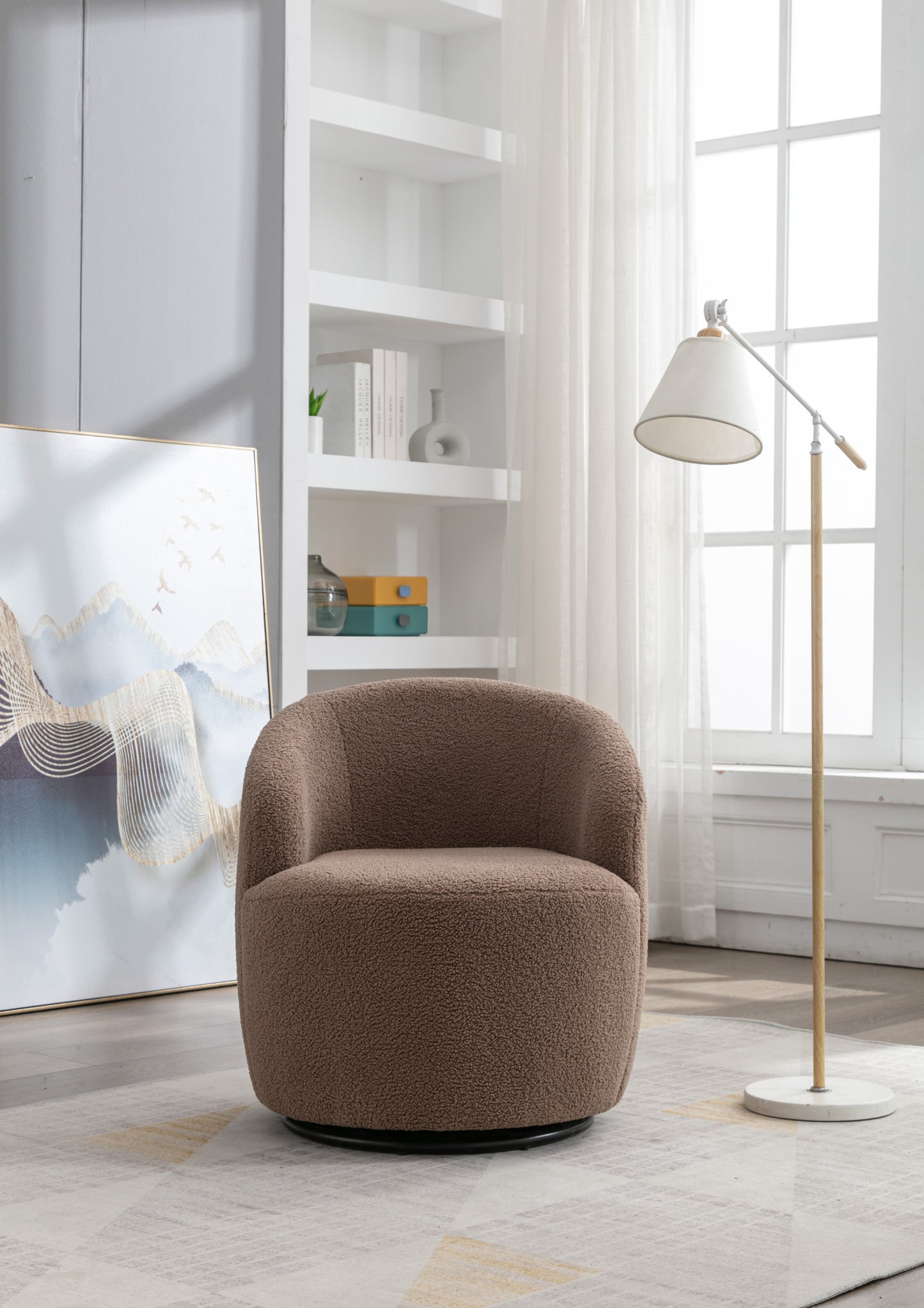 Teddy Fabric Swivel Accent Armchair Barrel Chair With Black Powder Coating Metal Ring,Coffee Brown