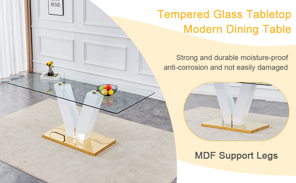 Table and chair set.Subtle Luxury Clear Tempered Glass Dining Set - 71"x35.4" with 6 Light Gray PU Chairs.C-tube Gold Metal Chair Legs.Bring a comfortable home experience to the kitchen, bedroom.