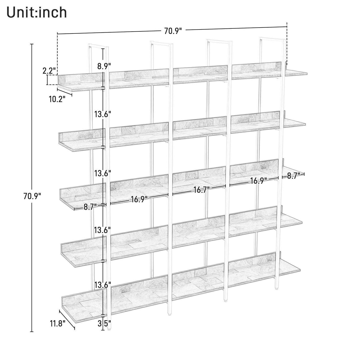 Librería de 5 niveles para oficina en casa, estilo industrial vintage, tablero de MDF, estructura de metal blanco, roble
