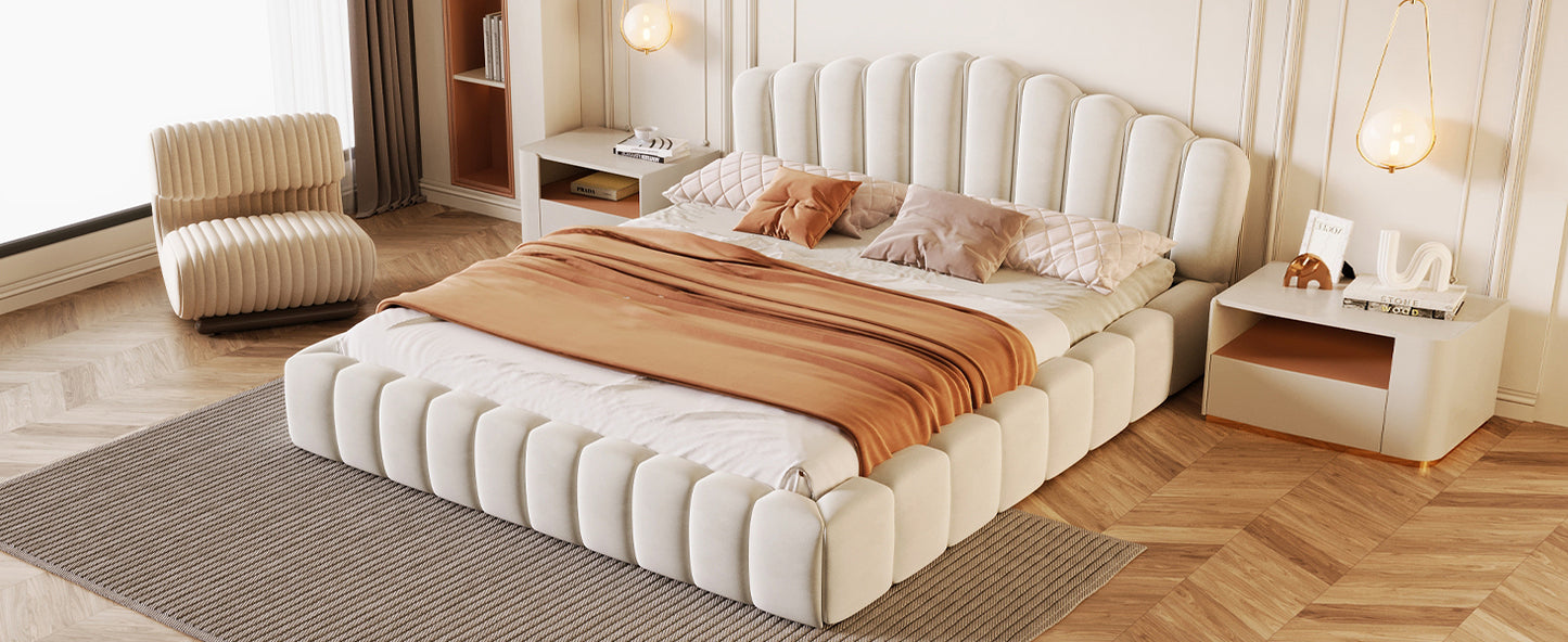 Cama Queen tapizada en terciopelo con cabecero en forma de concha para dormitorio (no necesita somier), color beige