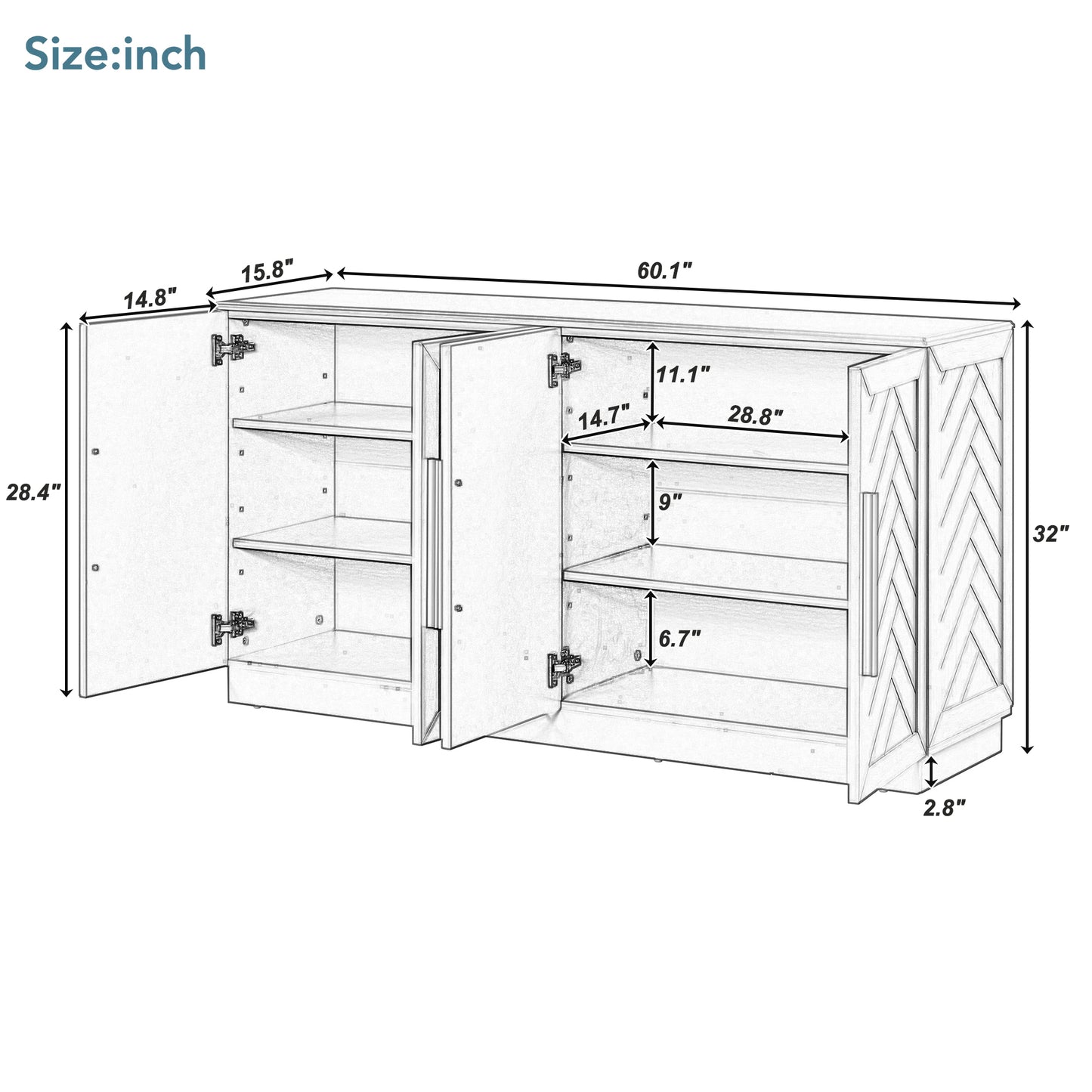 TREXM Sideboard with 4 Doors Large Storage Space Buffet Cabinet with Adjustable Shelves and Silver Handles for Kitchen, Dining Room, Living Room (Antique Blue)