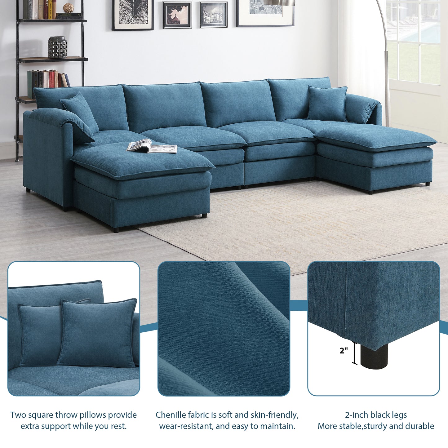 134*66" Chenille Modular Sectional Sofa,U Shaped Cloud Couch Set with Double Cushions ,6 Seat Sleeper Sofa Bed with Ottomans,Oversized Indoor Furniture for Living Room, 3 Colors