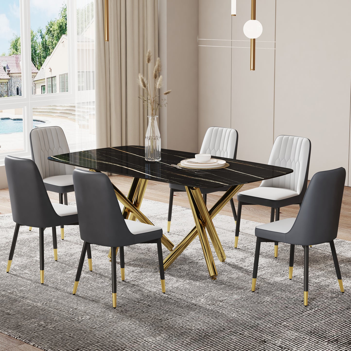 Large modern minimalist rectangular dining table with 0.39 "imitation marble black tabletop and golden metal legs, paired with chairs with PU cushions and black metal legs. F-1538 C-007