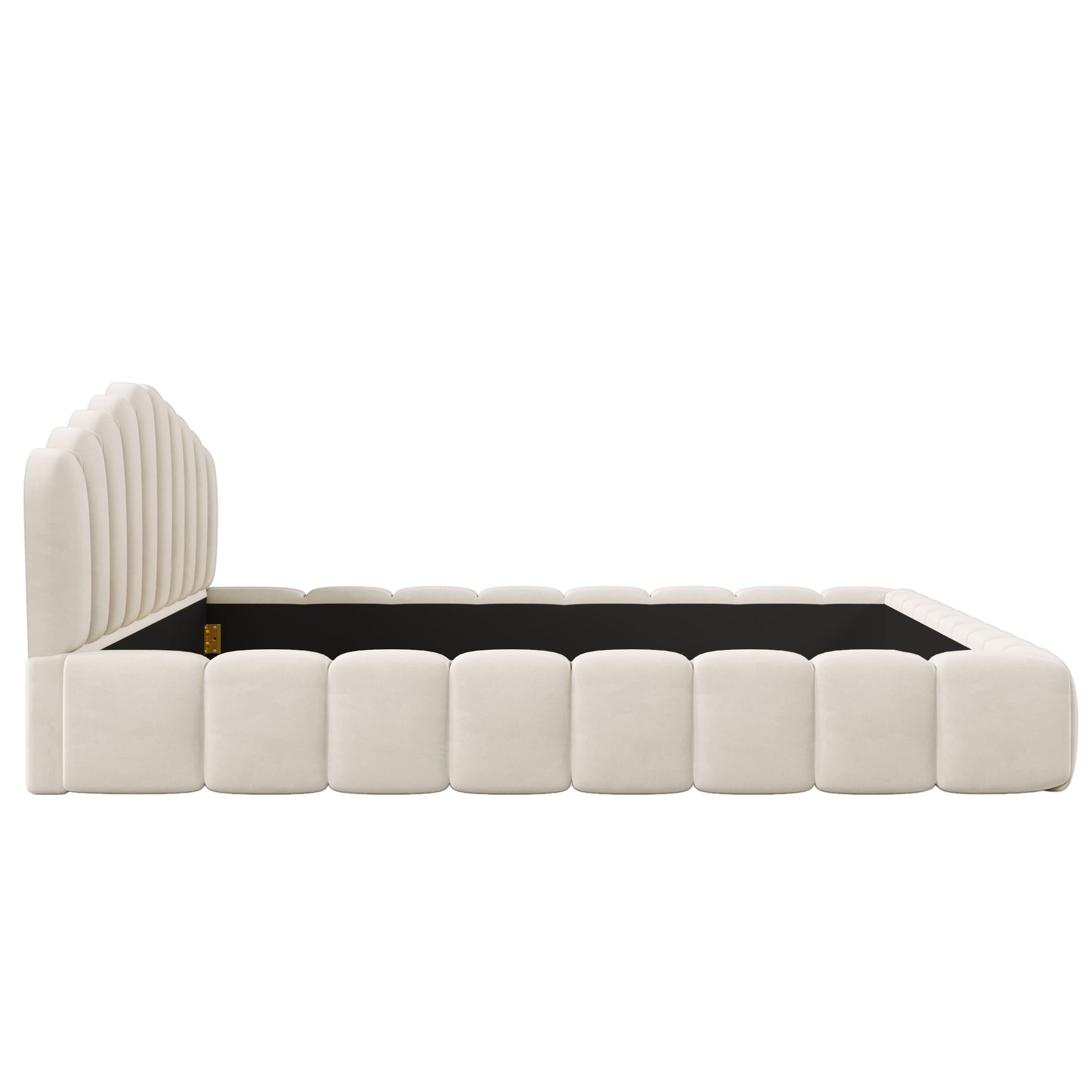 Cama Queen tapizada en terciopelo con cabecero en forma de concha para dormitorio (no necesita somier), color beige