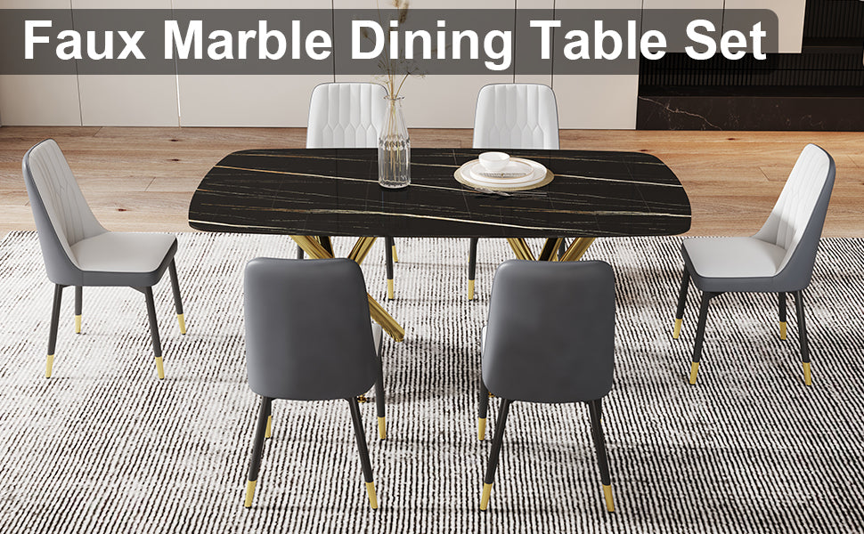 Large modern minimalist rectangular dining table with 0.39 "imitation marble black tabletop and golden metal legs, paired with chairs with PU cushions and black metal legs. F-1538 C-007