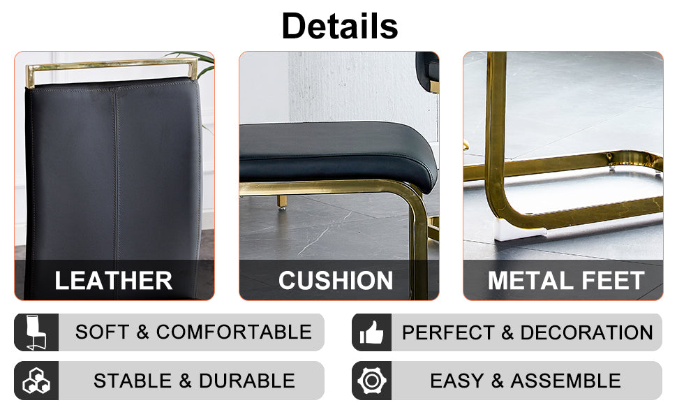 Table and chair set,Modern rectangular table with 0.4 inch black patterned tabletop and gold legs, suitable for kitchen, dining room, and living room , Comfortable PU seats,perfect for dinner, meet