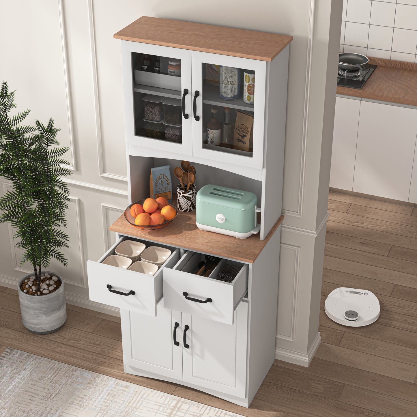 Gabinete de cocina de madera blanco para despensa, armario para microondas con puertas de vidrio enmarcadas y cajón.
