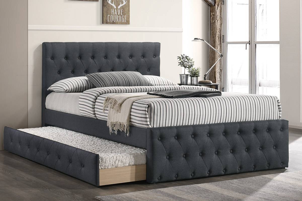 Contemporary Full Size Bed w/ Trundle Slats Charcoal Burlap Upholstered Button Tufted Headboard Footboard Youth Bedroom Furniture wooden Slats 1pc Bed