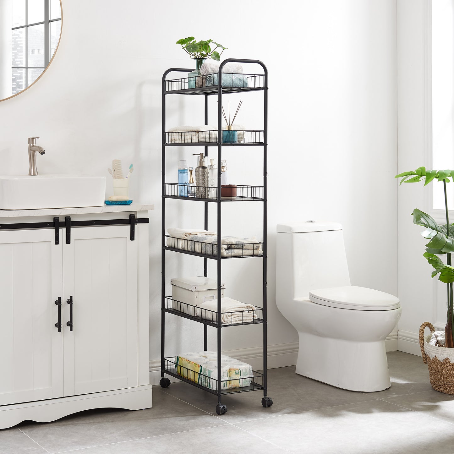 6 Tier Slim Rolling Storage Cart, Mobile Shelving Unit with Wheels, Metal Wire Storage Shelving Rack with Baskets for Kitchen Bathroom Office Laundry Narrow Piaces