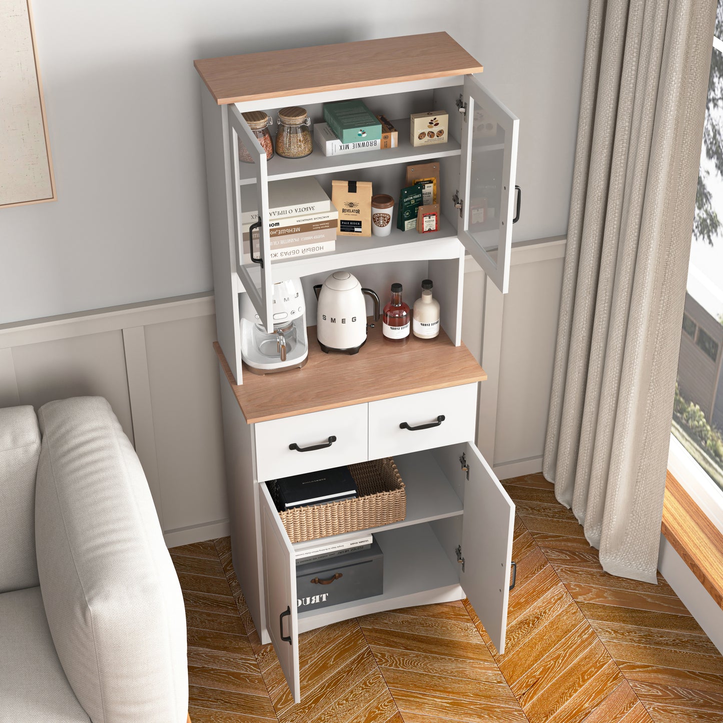 Gabinete de cocina de madera blanco para despensa, armario para microondas con puertas de vidrio enmarcadas y cajón.