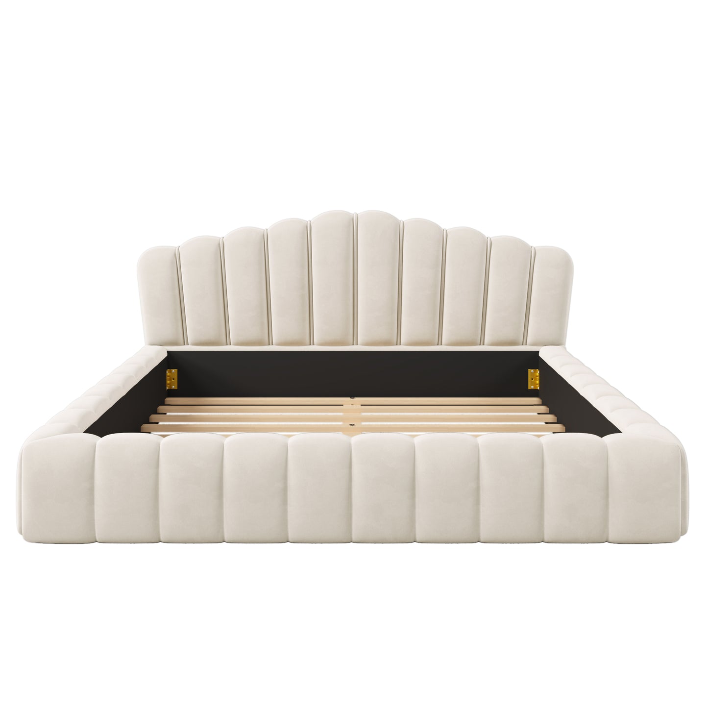 Cama Queen tapizada en terciopelo con cabecero en forma de concha para dormitorio (no necesita somier), color beige