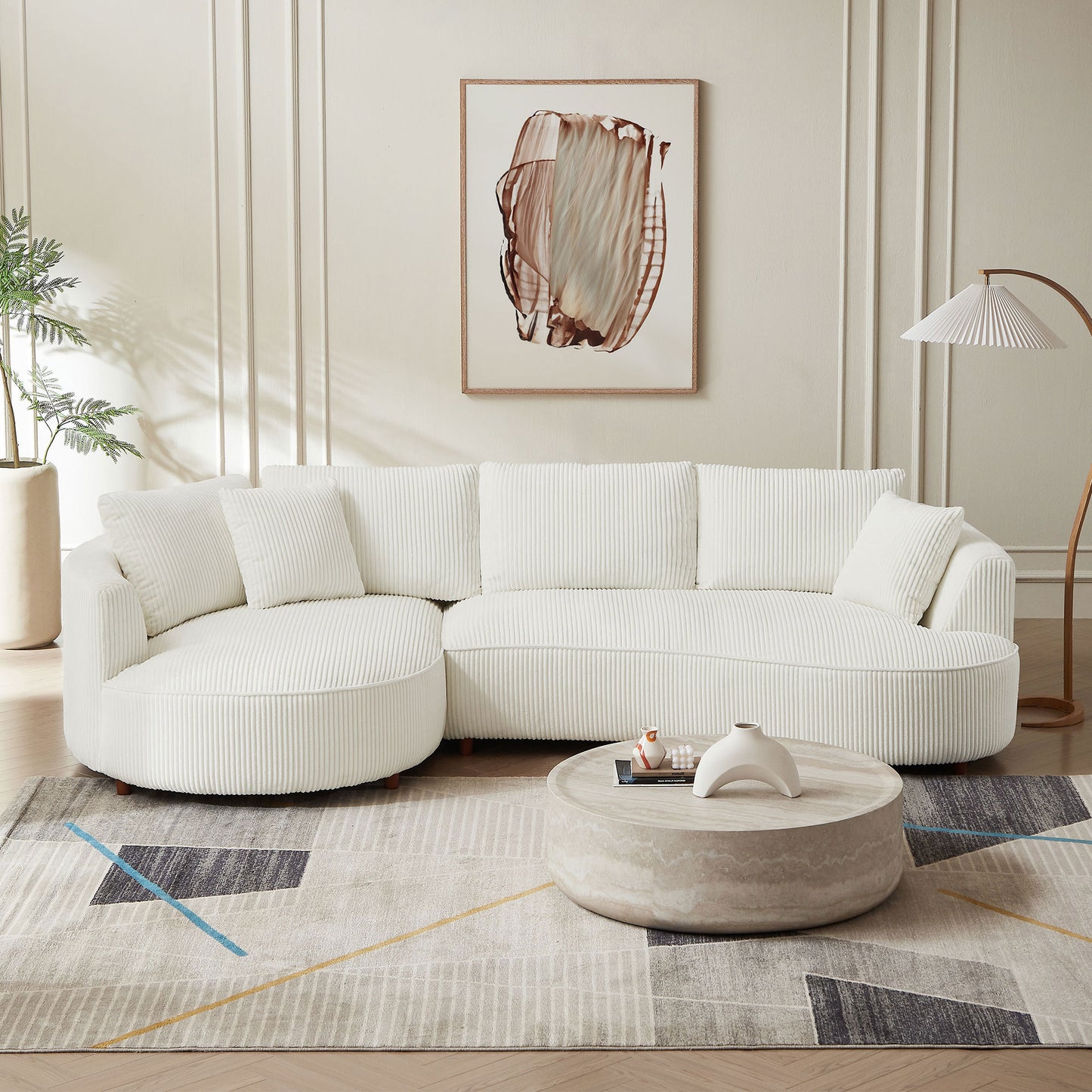 Oversized 122' Modern Sectional Sofa with Chaise – White Corduroy Luxury Couch