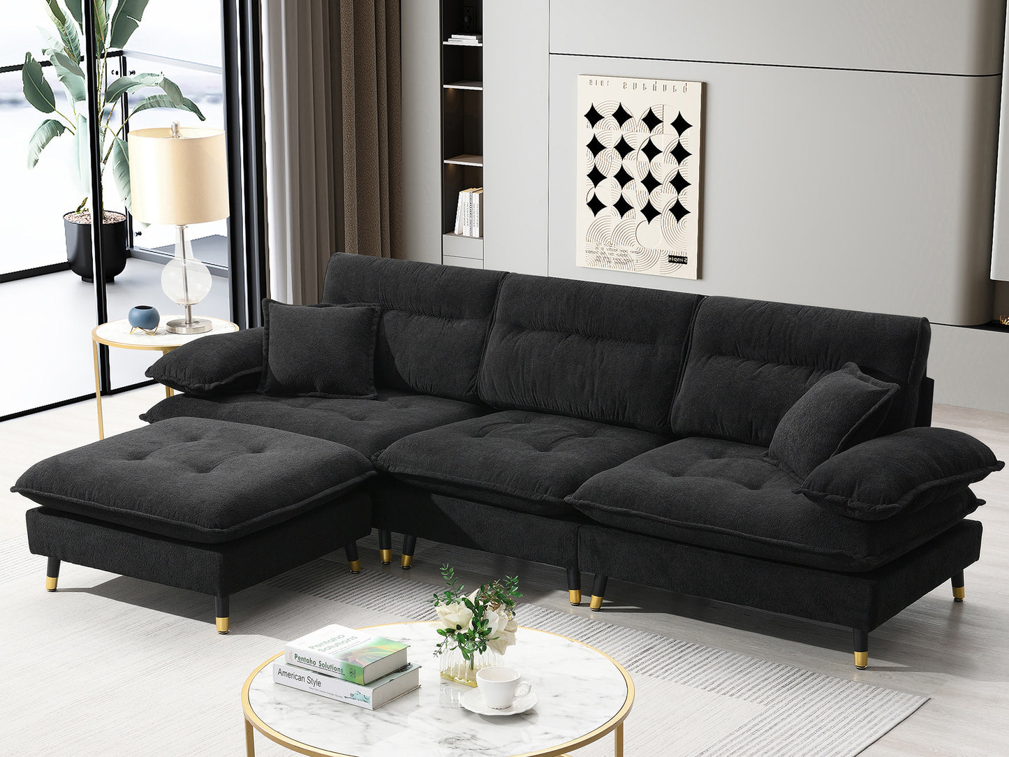 106*66.5" L shaped Convertible Sectional Sofa,4 Seat Tufted Couch Set with Two-tone Adjust Legs,Cloud Chenille Fabric,Movable Ottoman for Living Room, Apartment,Office,3 Colors