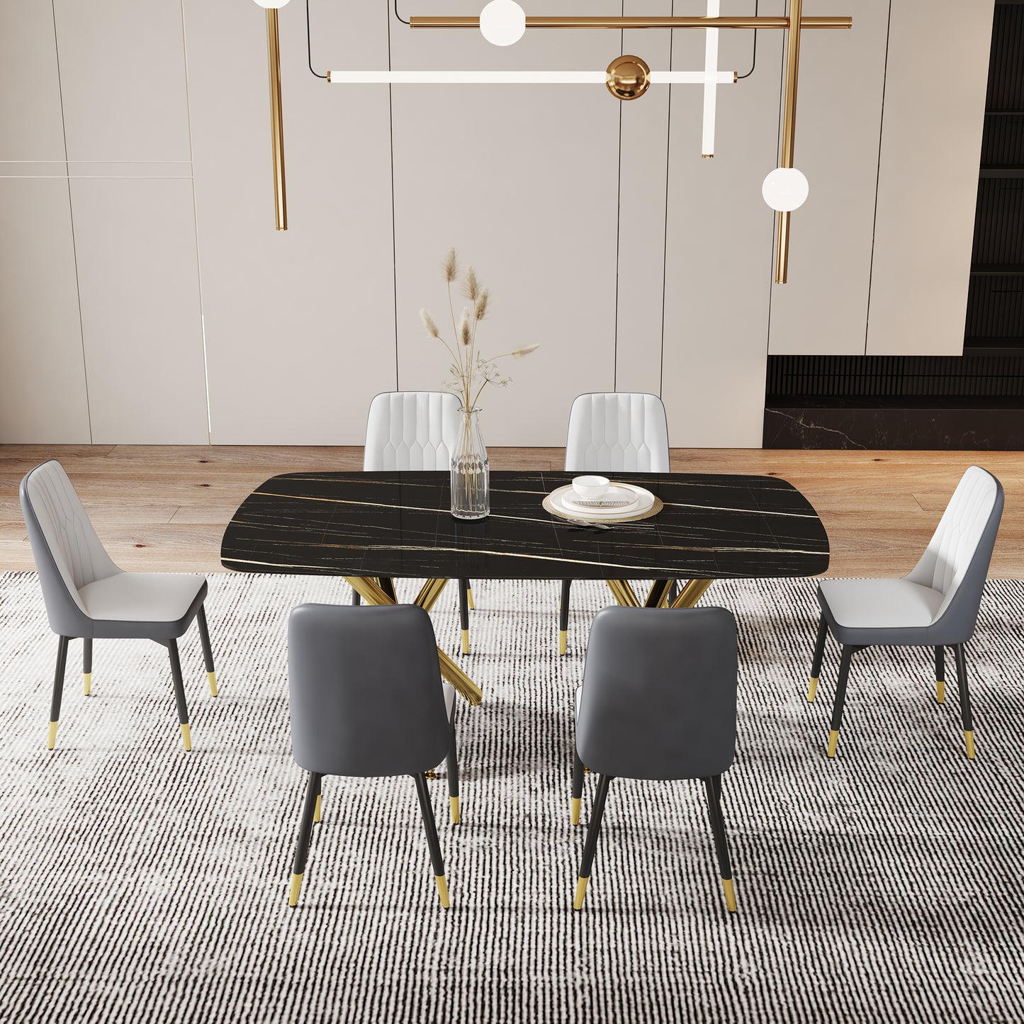 Large modern minimalist rectangular dining table with 0.39 "imitation marble black tabletop and golden metal legs, paired with chairs with PU cushions and black metal legs. F-1538 C-007