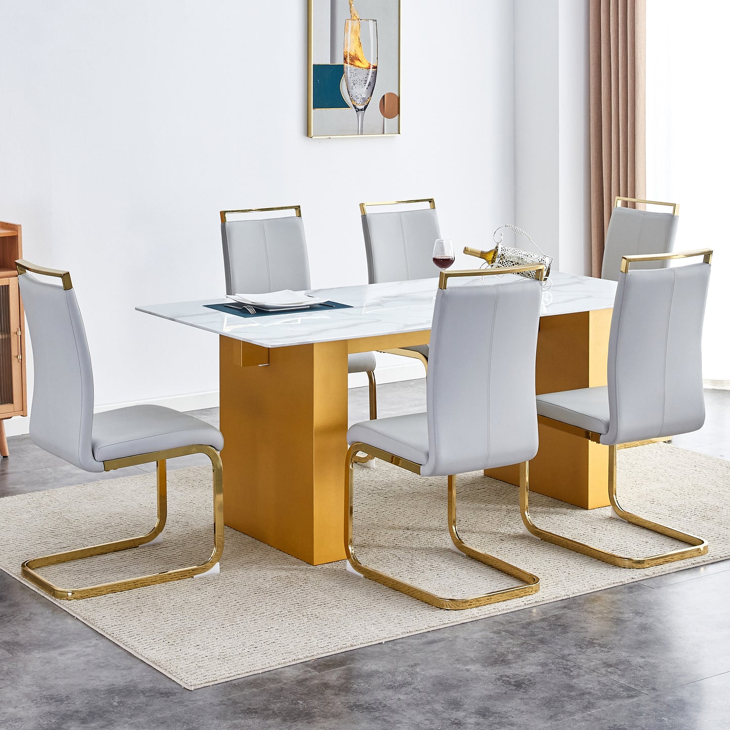 Table and chair set.Large modern rectangular table with 0.4 inch patterned glass tabletop and large MDF table legs.Comes with 6 chairs with faux leather cushioned seats and golden metal legs.