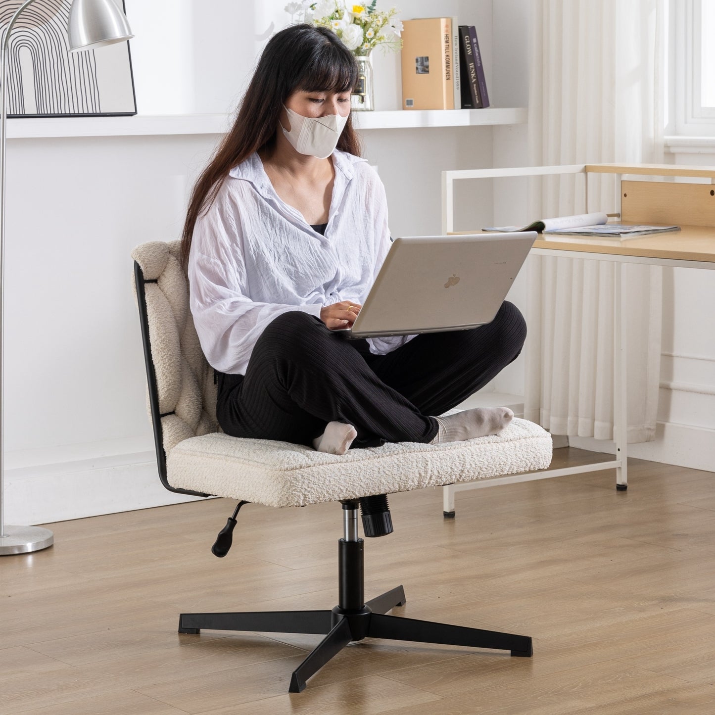 Armless Office Desk Chair No Wheels, WHITE