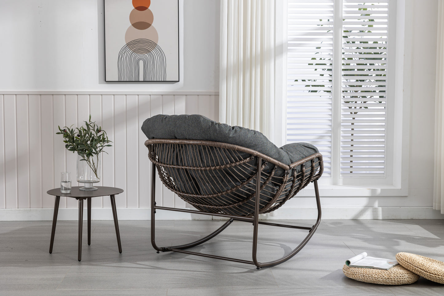 Mecedora de ratán para exterior, con cojín acolchado, reclinable, para porche, sala de estar, patio y jardín, color gris.