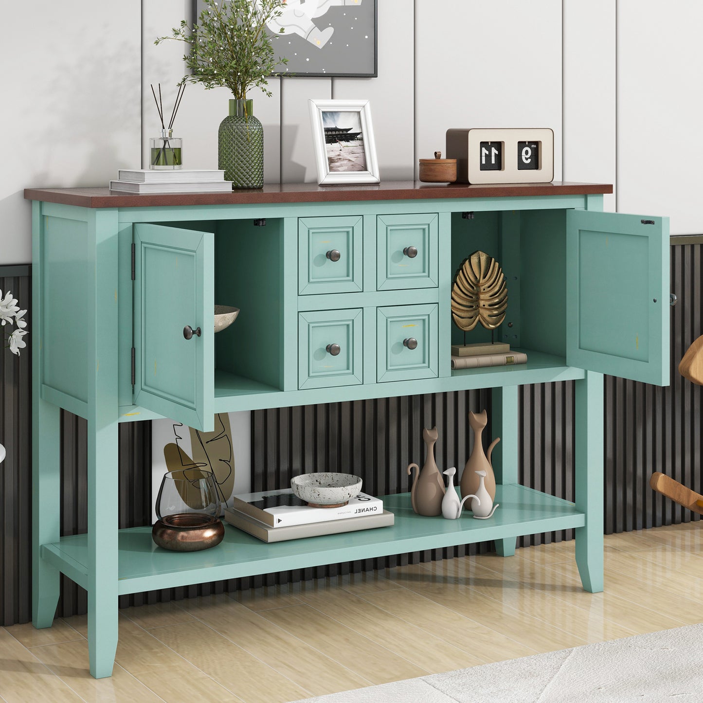 TREXM Cambridge Series Ample Storage Vintage Console Table with Four Small Drawers and Bottom Shelf for Living Rooms, Entrances and Kitchens (Retro Blue, OLD SKU: WF190263AAC)