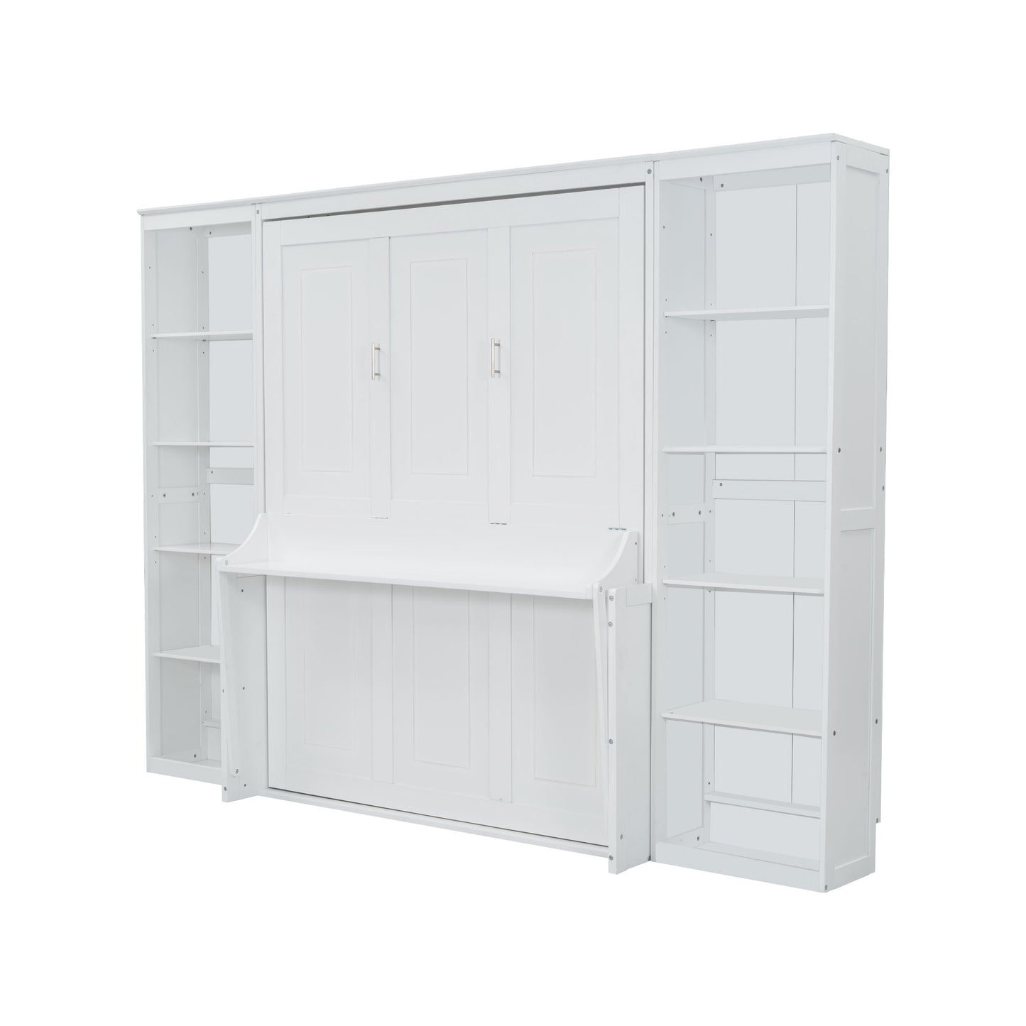 Queen Size Murphy Bed with Desk and Bookshelf, White