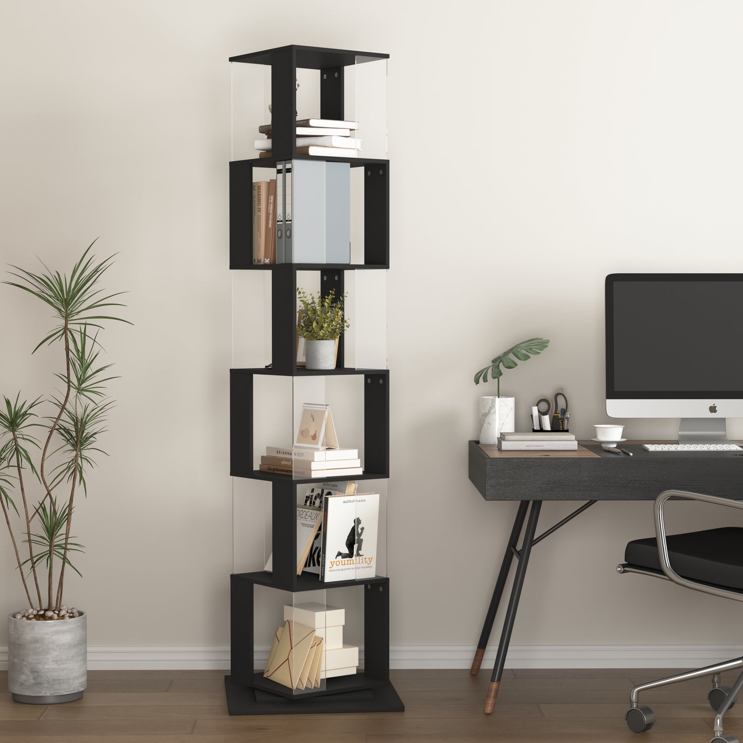 6 tier Rotating Bookshelf, Floor Rack Simple Bookcase with Acrylic plate Student Multi-Function Creative Bookshelf for Living Room with anti-toppling base