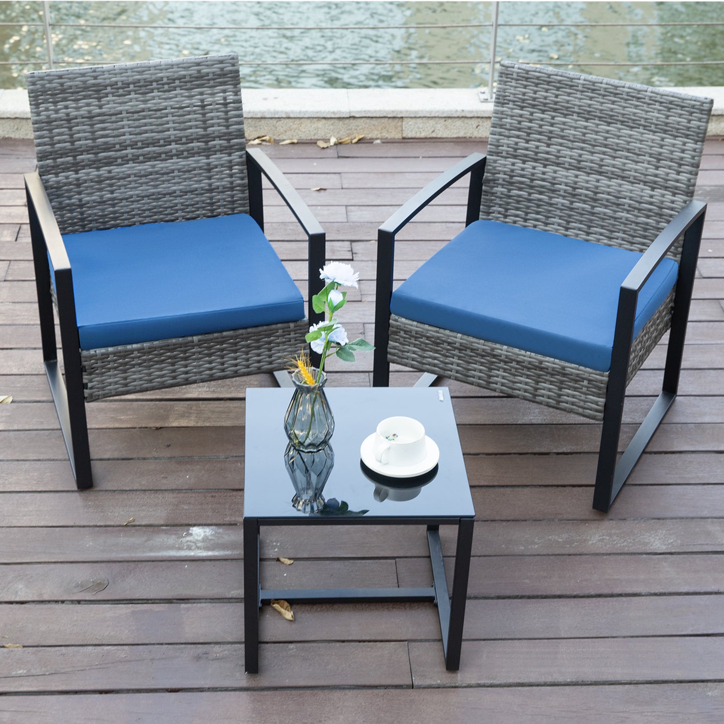 3 Piece Outdoor PE Wicker Furniture Set, Patio Gray Rattan Sectional Sofa Couch with Washable Cushions
