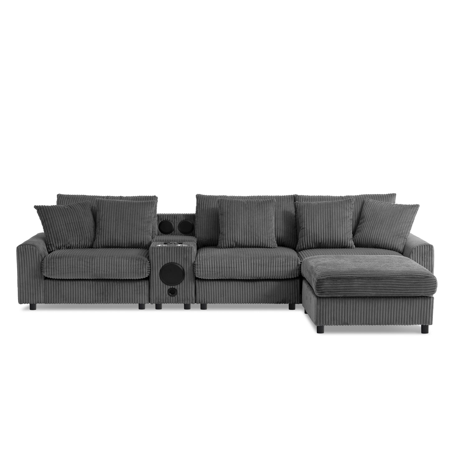114*64'' Corduroy Sectional Sofa with Bluetooth Speakers,L Shaped Couch with Console,USB Charger,Cup Holders,Storage,Ottoman,Deep and Wide Seat Cloud Sofa for Living Room,Apartment,2 Colors