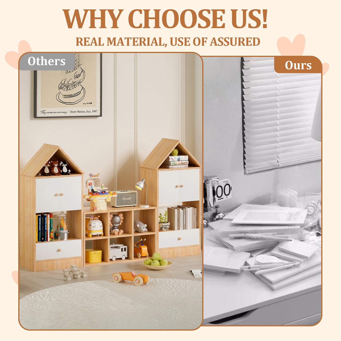 Estantería infantil versátil con diseño en forma de casa, almacenamiento multifuncional para libros y juguetes, ubicación ajustable, organizador infantil duradero para sala de juegos o dormitorio, fácil de montar y seguro para niños.