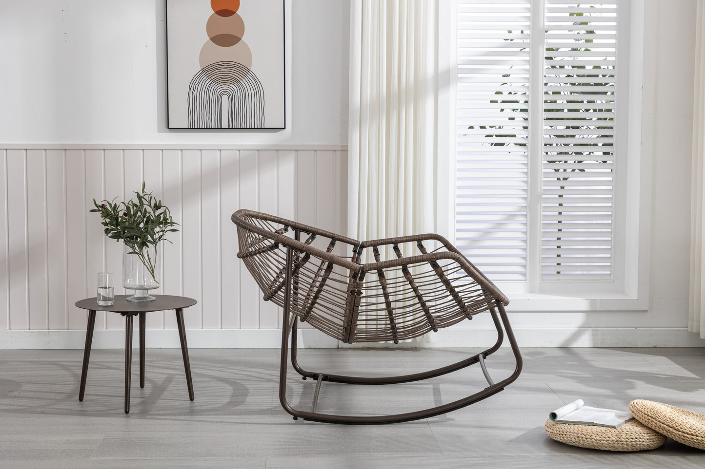 Mecedora de ratán para exterior, con cojín acolchado, reclinable, para porche, sala de estar, patio y jardín, color gris.