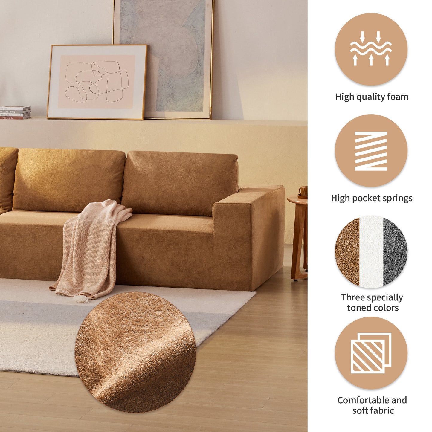 116*116" Modular L Shaped Sectional Sofa,Luxury Floor Couch Set,Upholstered Indoor Furniture,Foam-Filled Compressed Sofa for Living Room,Bedroom,5 PC Free Combination,3 Colors