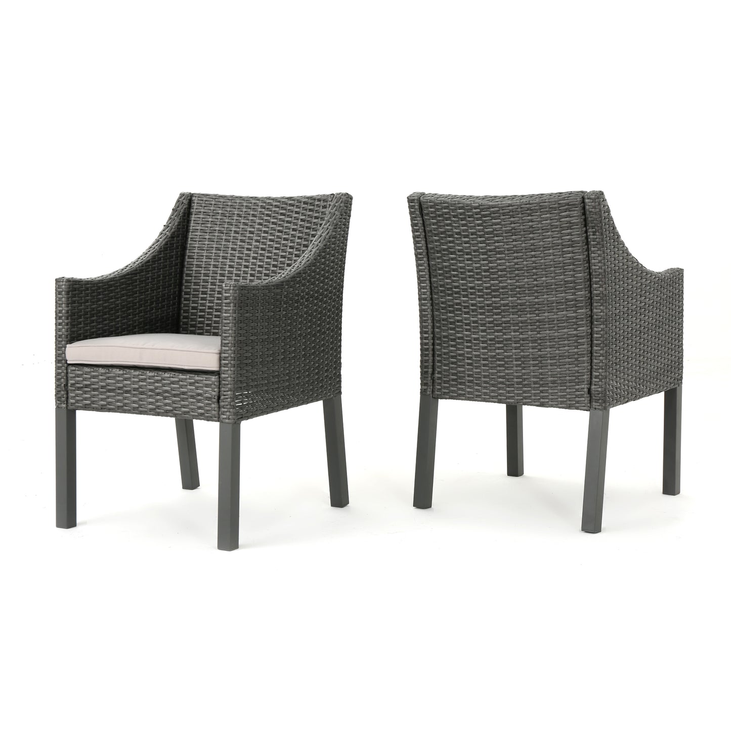 Outdoor Rattan Dining Chair with Straight Legs and Sloped Arms, Set of 2, Grey and Silver