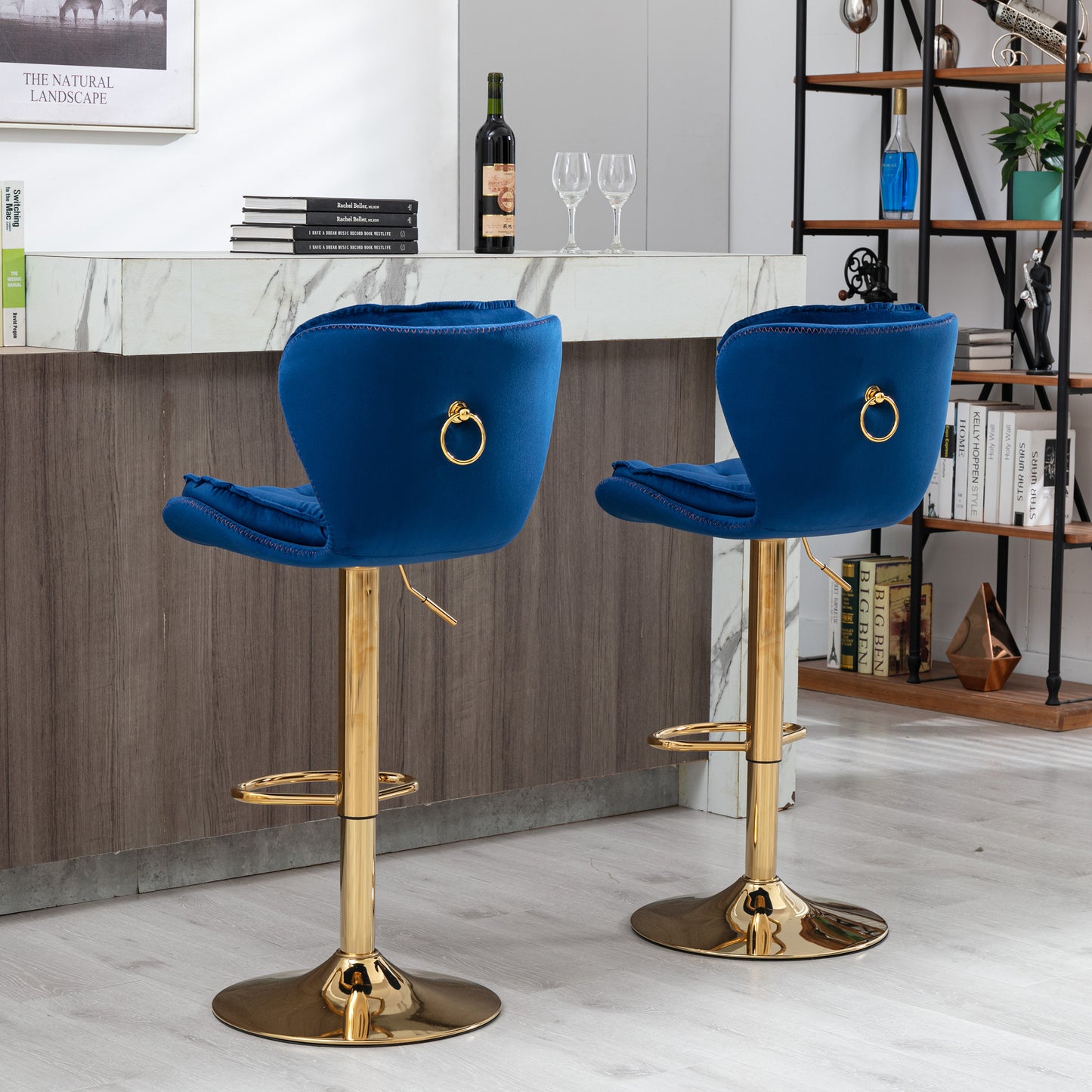 Set of 2 Bar Stools,with Chrome Footrest and Base Swivel Height Adjustable Mechanical Lifting Velvet + Golden Leg Simple Bar Stool-blue