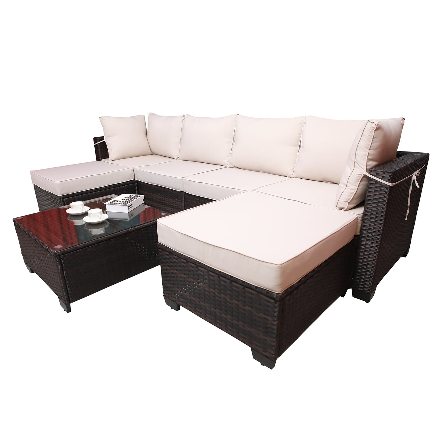 7pc Brown & Beige Patio Set – Outdoor Rattan Sectional w/ Glass Table