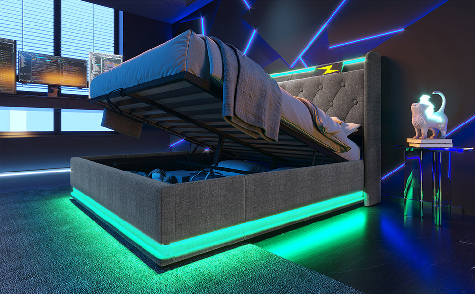Queen size Upholstered bed, 360 surround LED function, Buttons/Apps/Remote Control, hydraulic storage bed with USB Type-C charging, Gray, Linen (Without mattress)